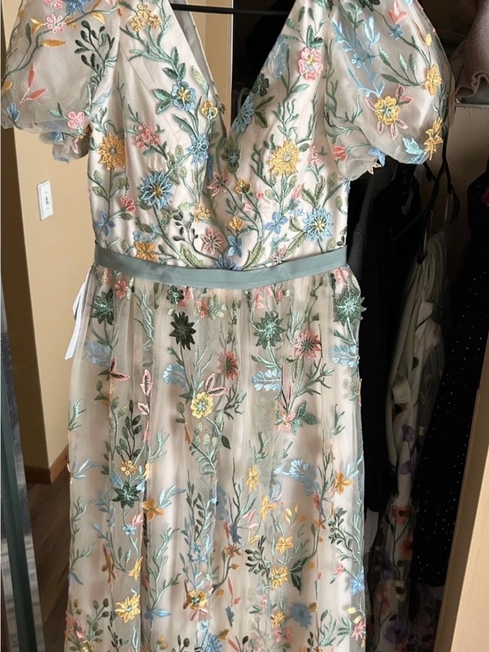 Azazie Champagne Floral Maxi Dress with Green Sash - Picture 5 of 10